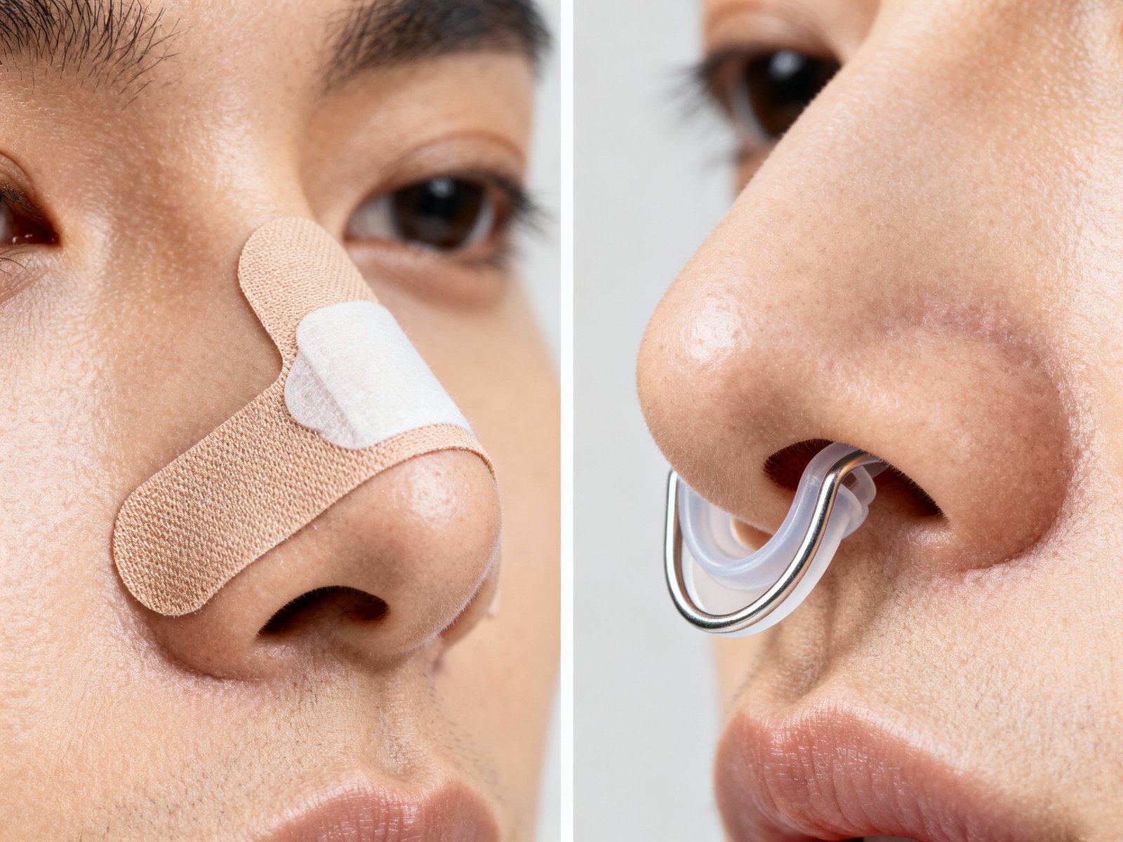 External nasal strips and internal nasal dilators for improved breathing during sleep