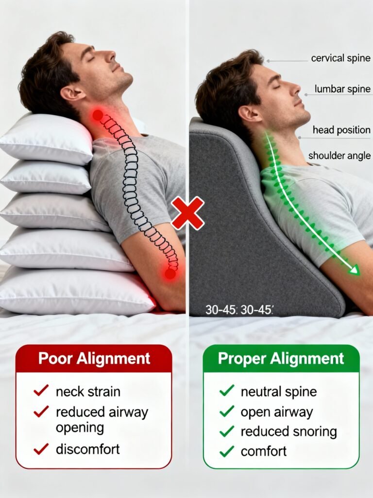 Side-by-side comparison of regular pillow stacking versus proper wedge pillow showing spine alignment and airway opening
