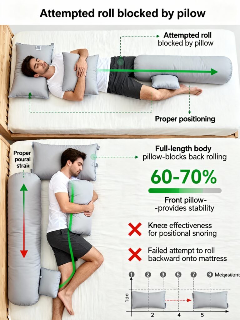Step-by-step guide to proper body pillow positioning for side-sleeping and preventing back-rolling during sleep
