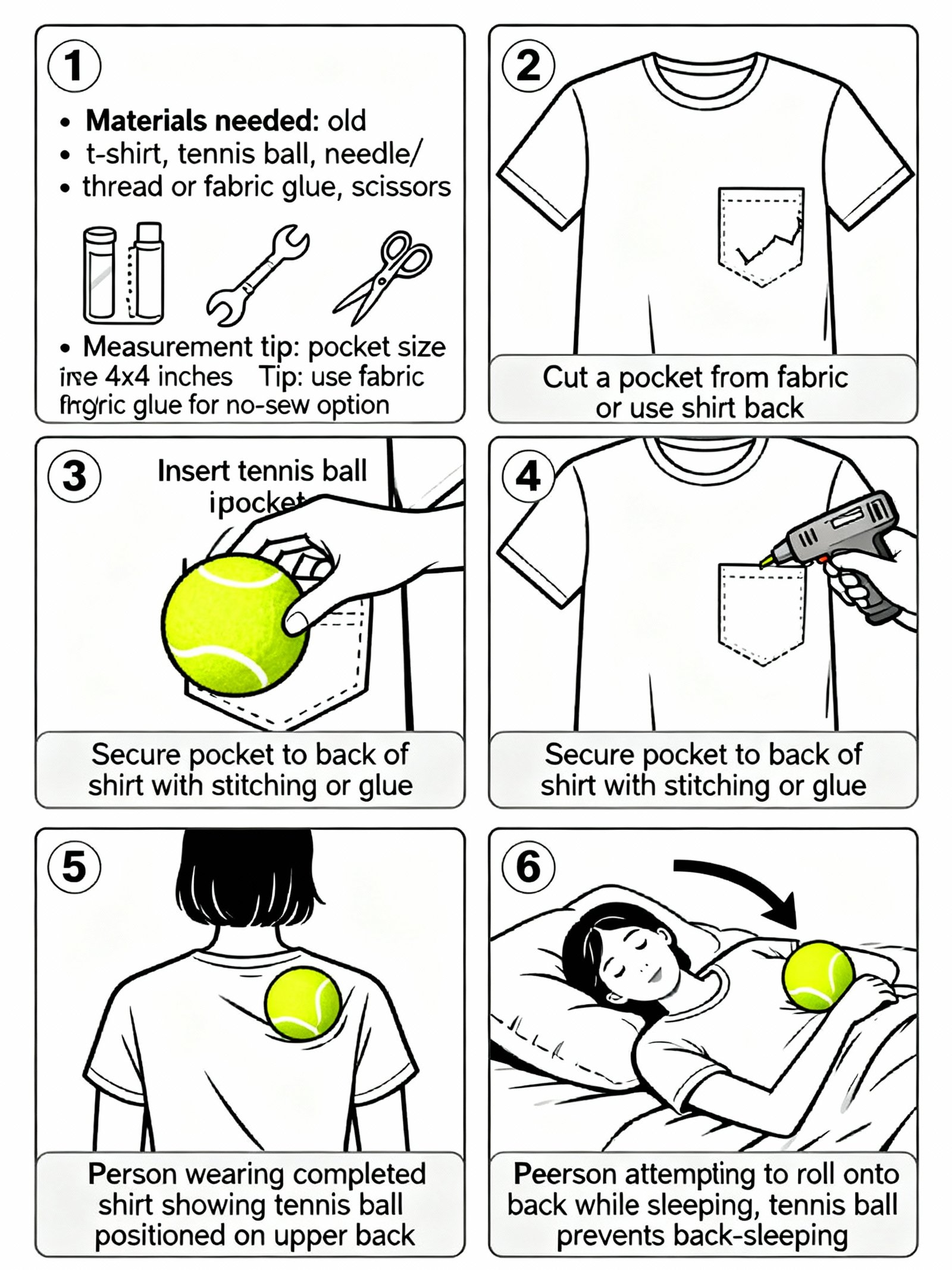 Tutorial showing three methods to attach tennis ball to shirt back for positional sleep training